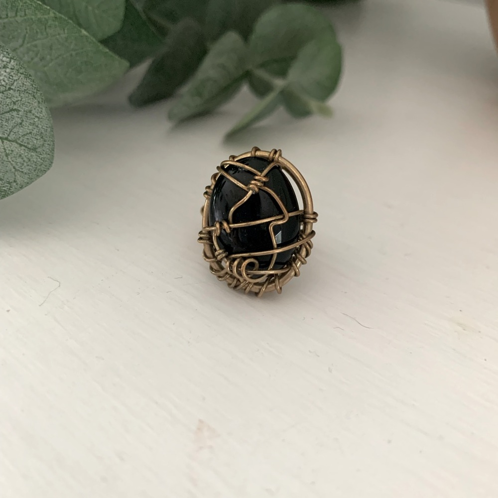 Black Onyx Crystal Metal Wrap Ring